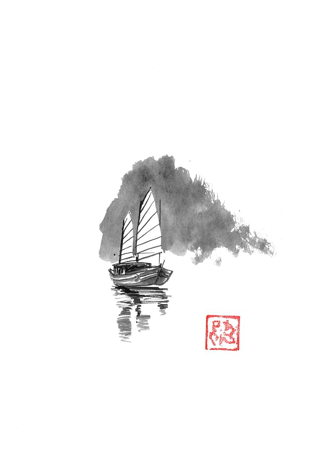Ink Wash Painting of a Junk Boat