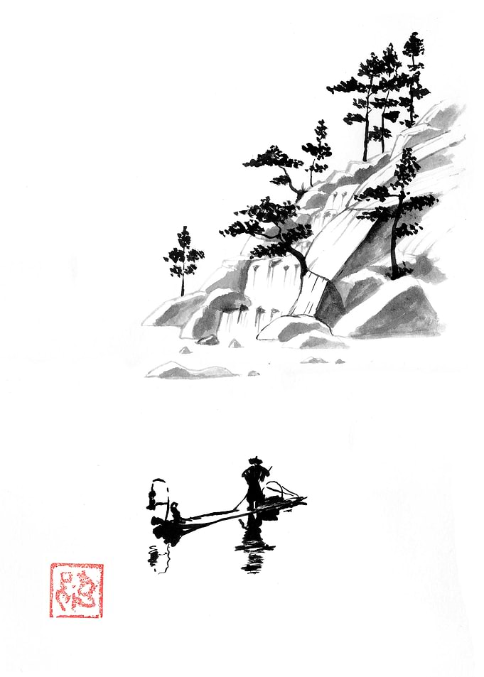 Ink Wash Painting: Fisherman and Mountain