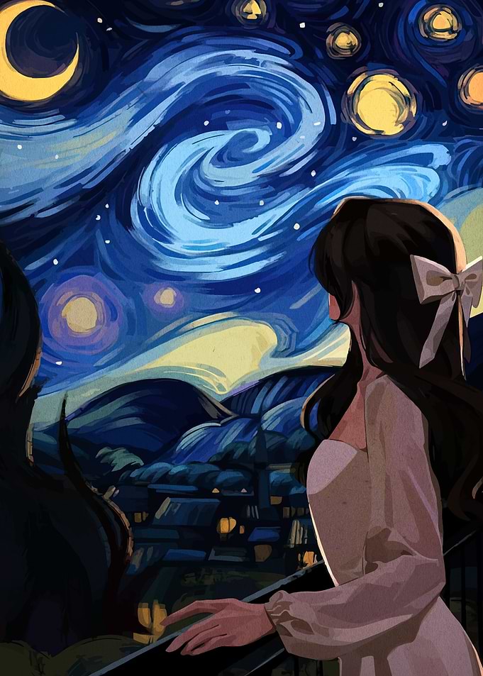 Girl Gazing at Starry Night Painting