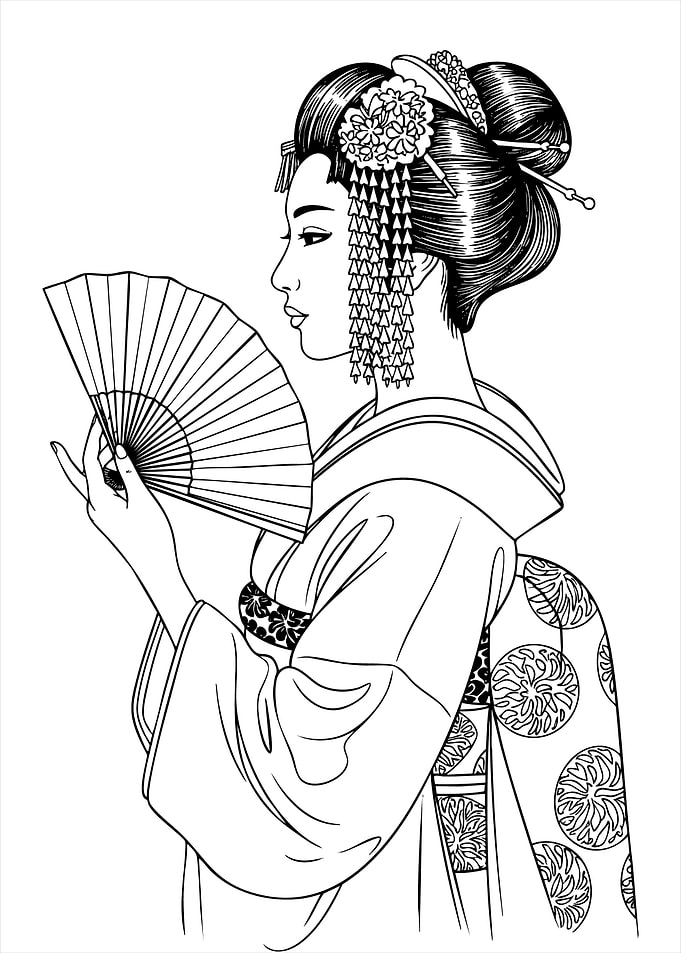 Geisha with Fan Line Art