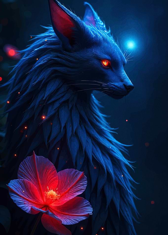 Blue Wolf with Red Flower