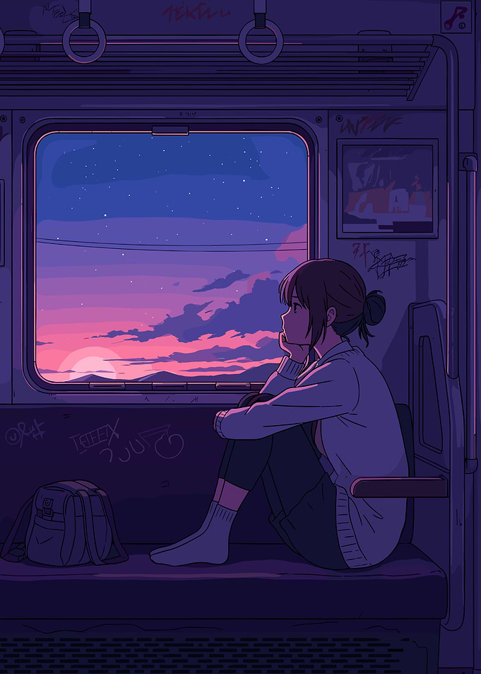 Girl on Train at Sunset