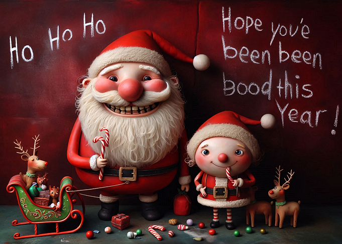 Festive Santa Claus and Elf Illustration