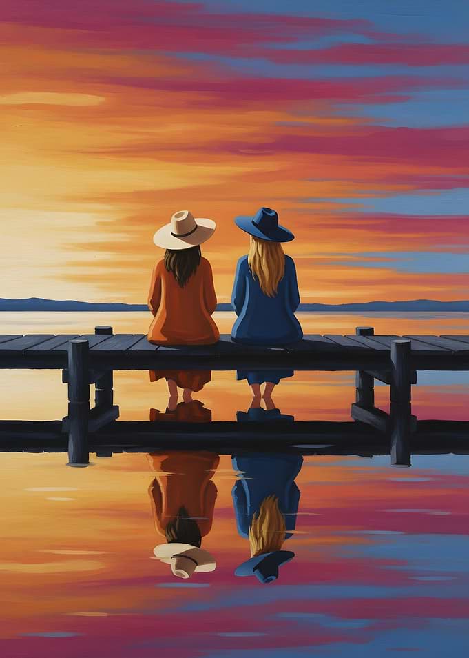 Two Friends on a Dock at Sunset
