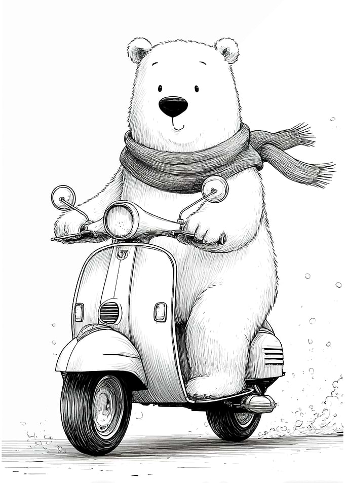 Polar Bear on Vintage Scooter – Ink Line Drawing