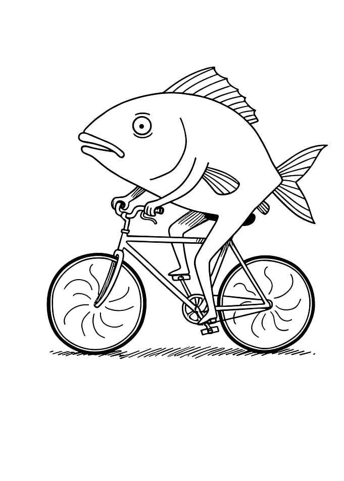 Fish riding a bicycle illustration
