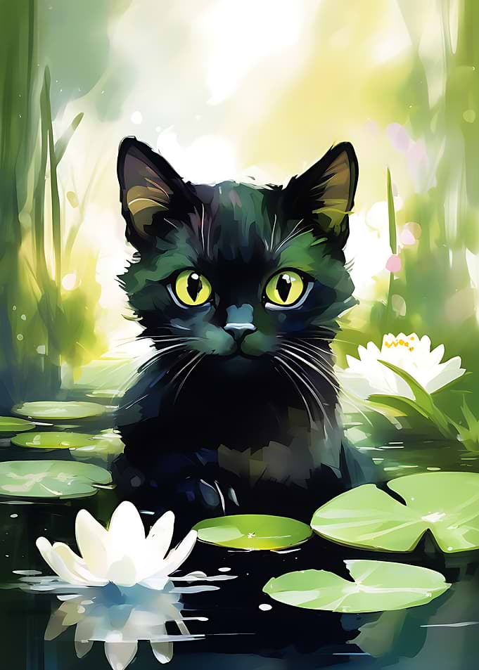 Black Cat in Lily Pond