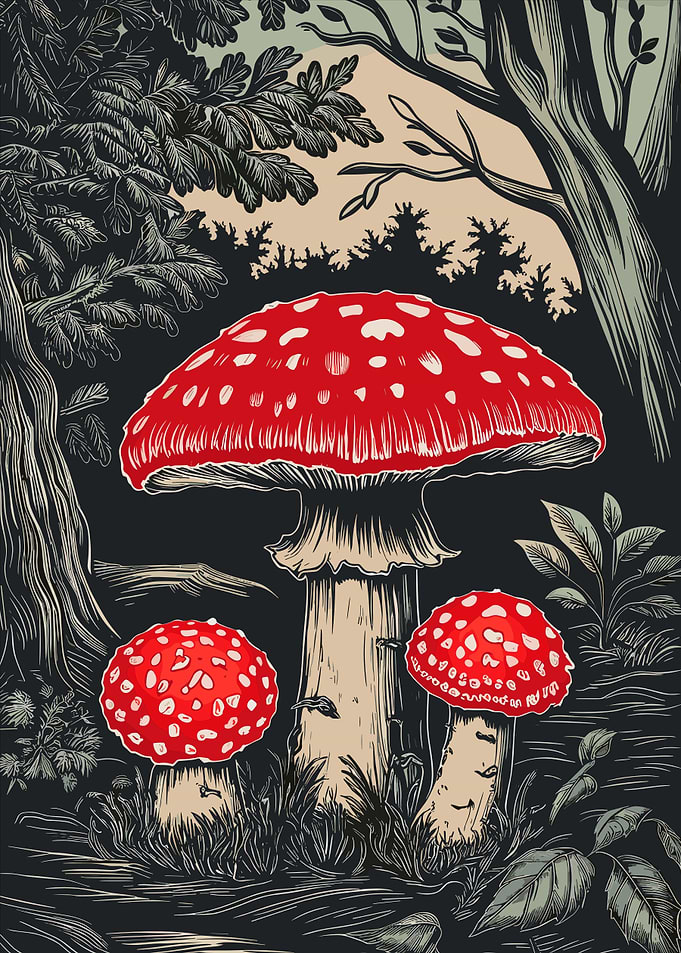 Red Mushrooms in Forest Illustration