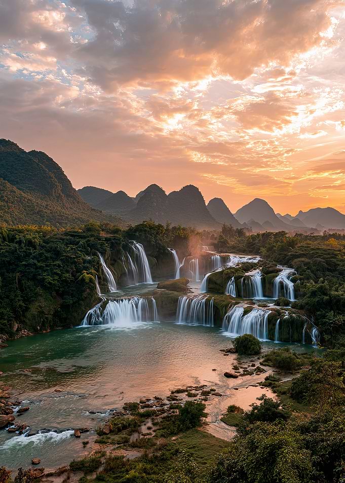 Ban Gioc Waterfall at Sunset