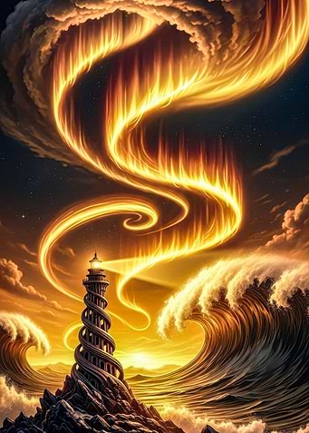 Lighthouse, Waves, and Fiery Sky