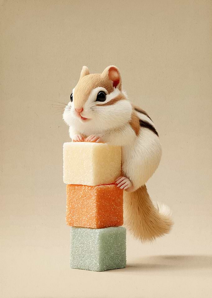Chipmunk With Pastel Sugar Cubes – Minimal Cute Illustration