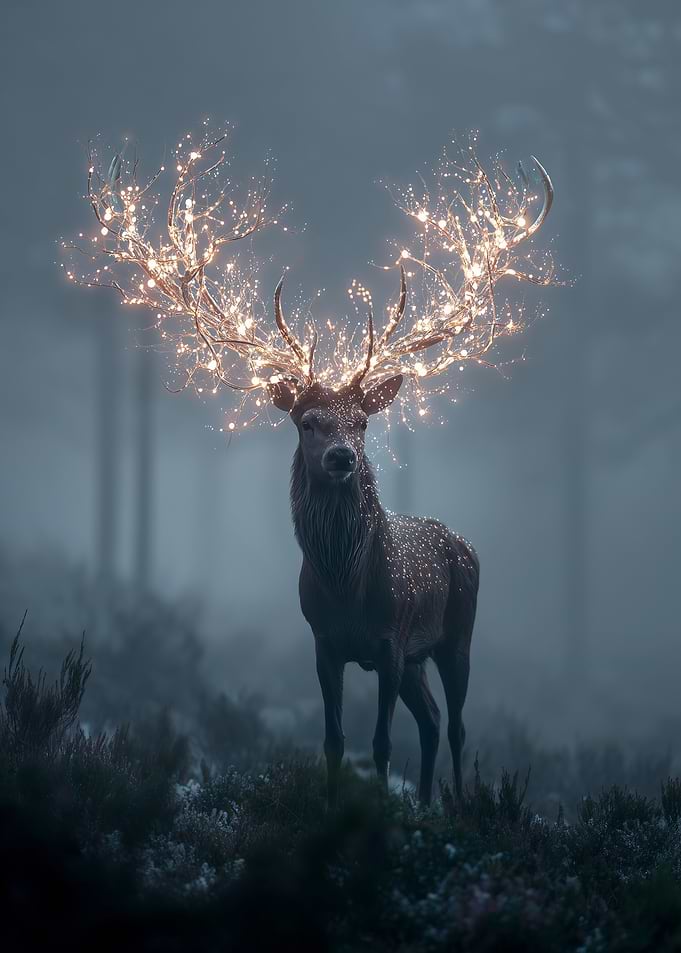 Glowing Antler Deer in Misty Forest