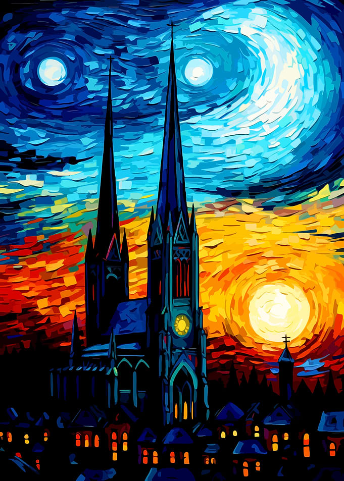 Gothic Church at Night Painting