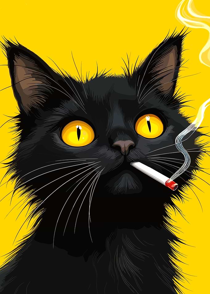 Smoking Black Cat on Yellow Background