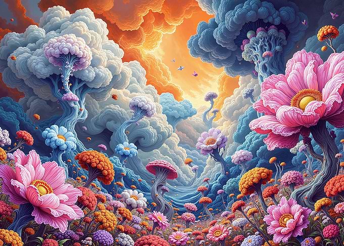 Surreal Floral Landscape with Cloud Trees