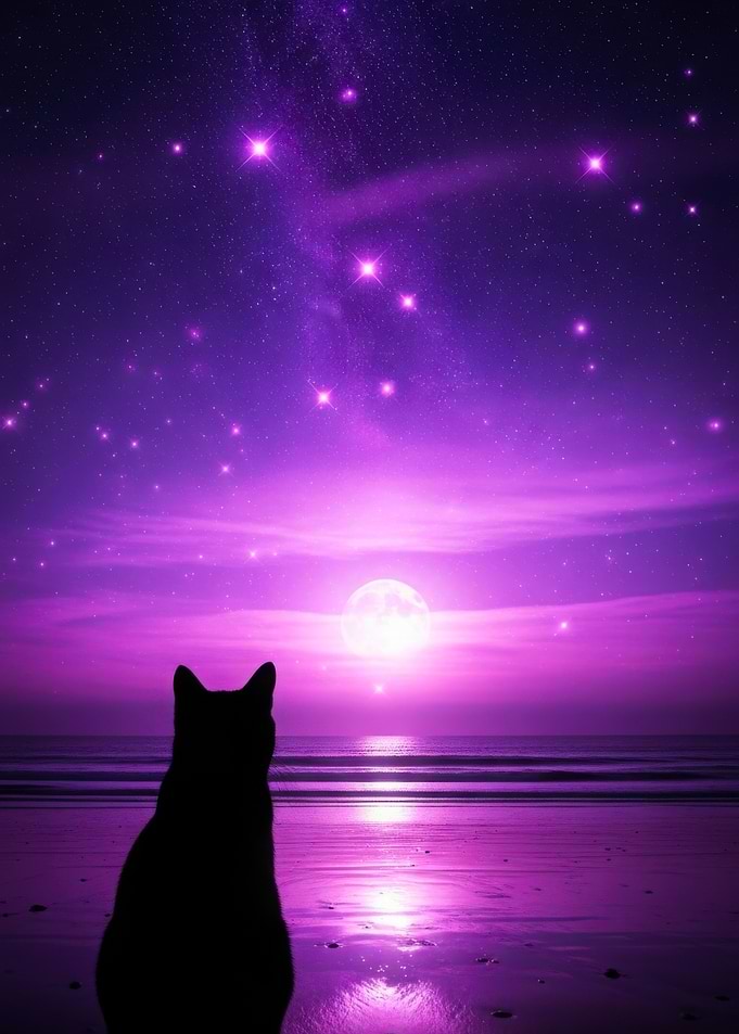 Cat Silhouette Stargazing Purple Night