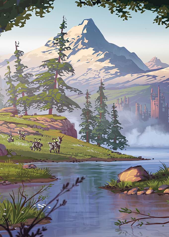 Mountain Lake Landscape with Deer-like Creatures