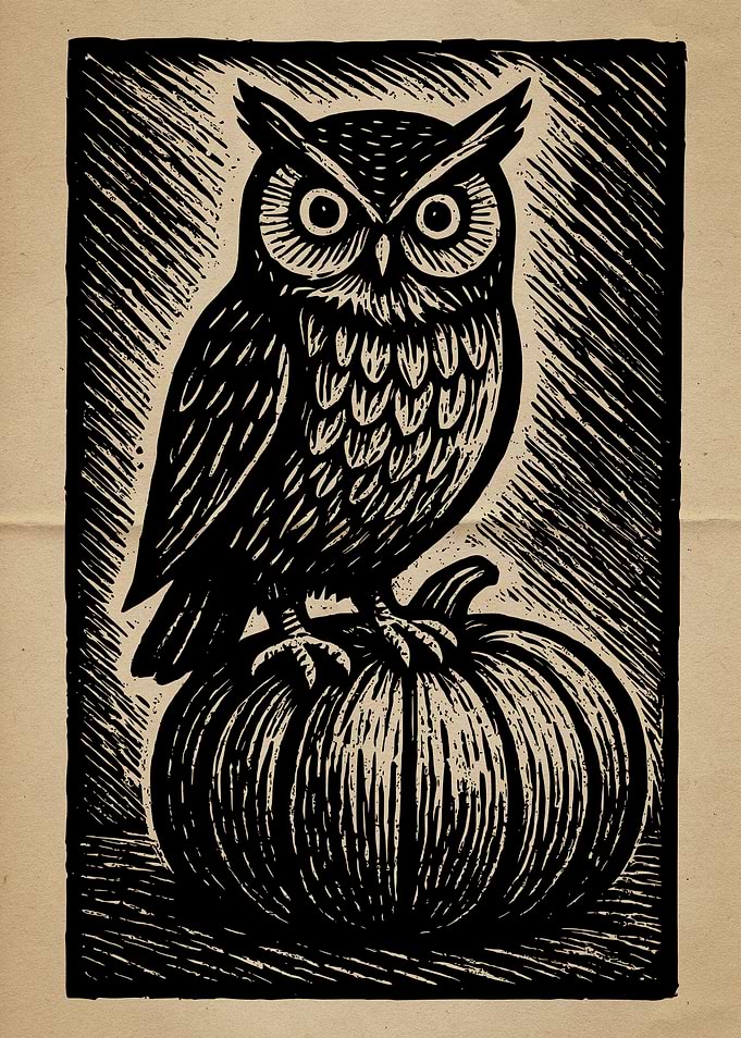 Owl on Pumpkin Woodcut Print Vintage