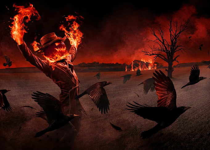 Fiery Scarecrow with Crows and Burning Building