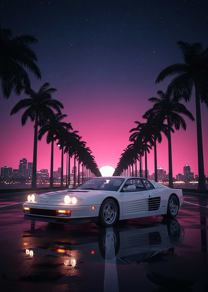 White Ferrari Testarossa at Sunset in Miami
