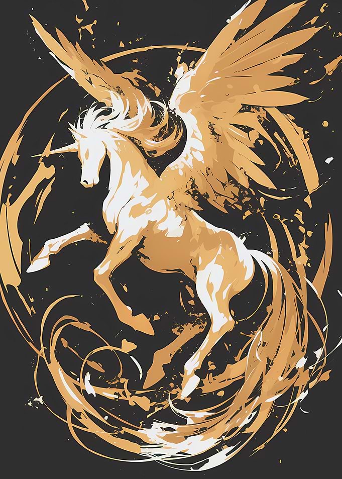 Golden Winged Unicorn on Dark Background