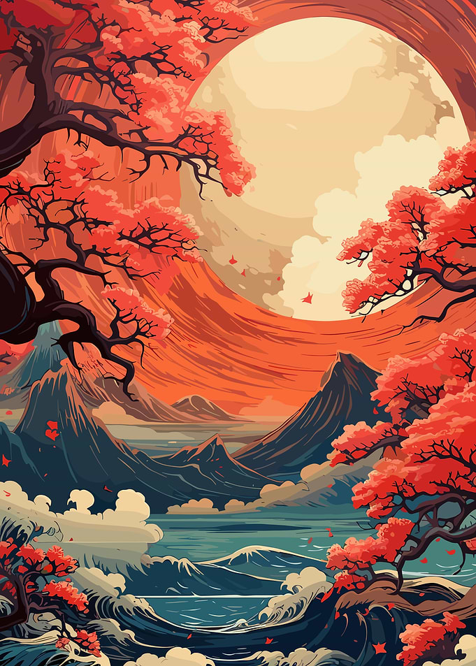 Japanese Landscape with Moon and Cherry Blossoms