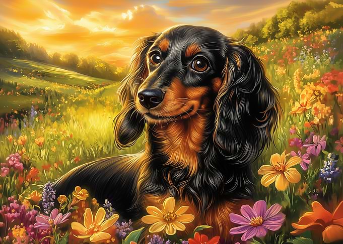 Dachshund in a field of flowers