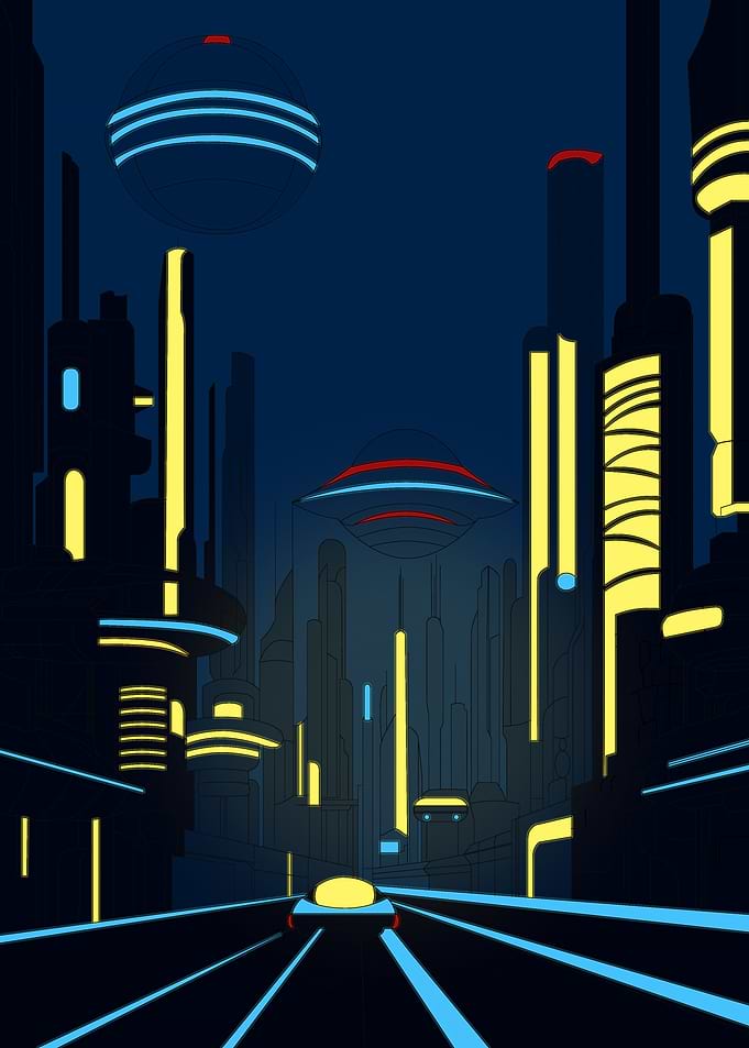 Futuristic Cityscape with Flying Saucers