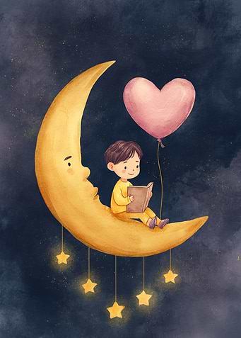 Boy Reading on Moon with Balloon