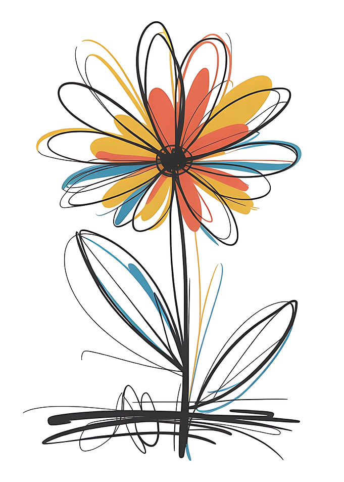 Abstract Flower Sketch with Color Accents