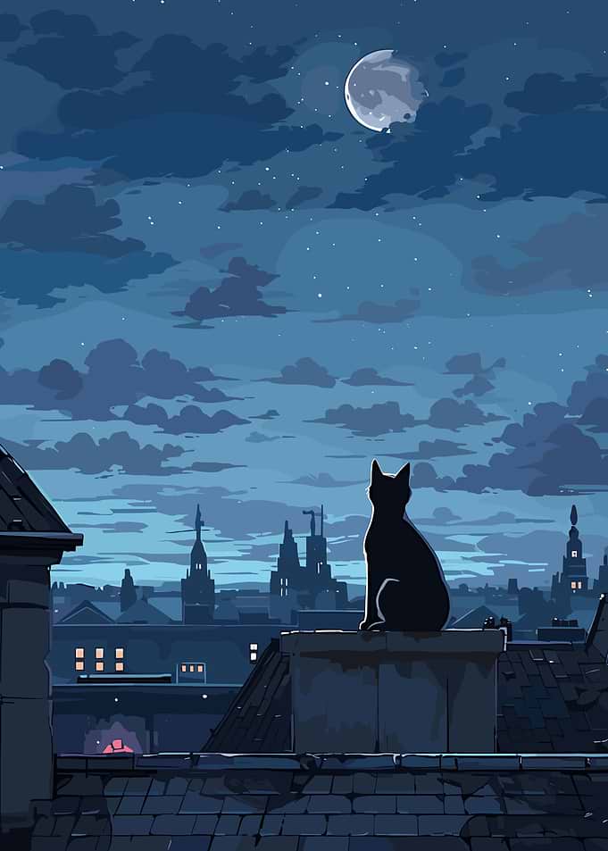 Cat on Rooftop Under Moonlight