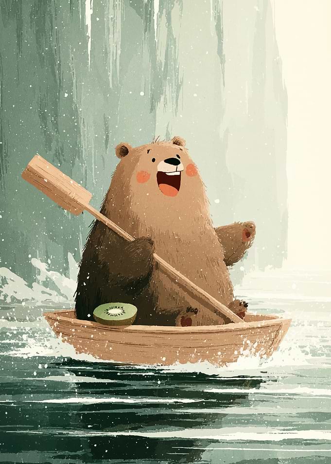Rowing Bear at Misty Falls – Whimsical Illustration