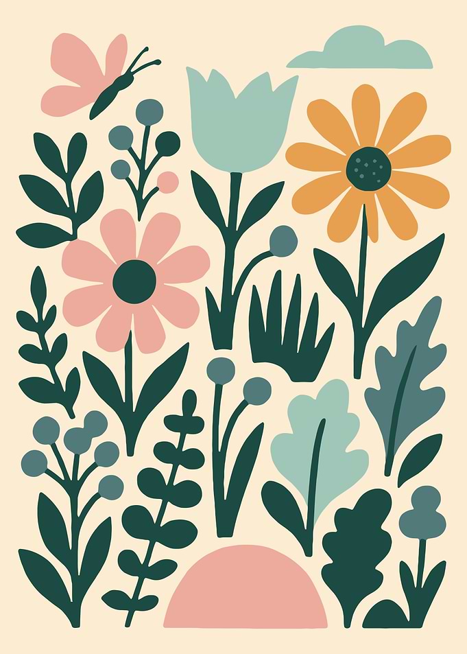 Floral Pattern with Butterfly and Cloud