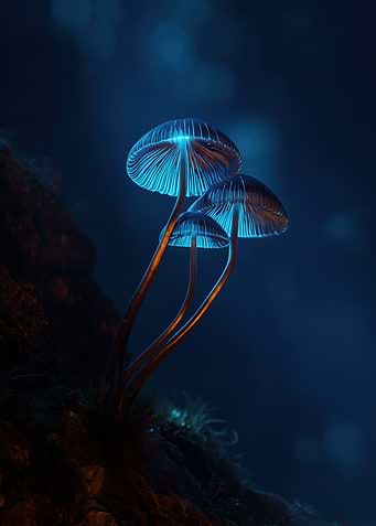Glowing Blue Mushrooms in Dark Forest