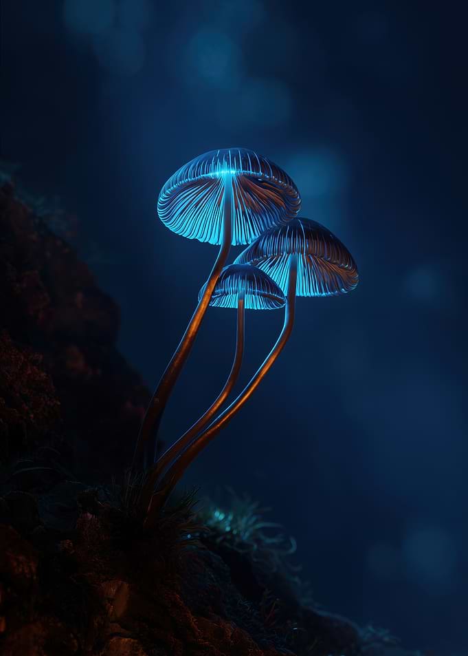 Glowing Blue Mushrooms in Dark Forest