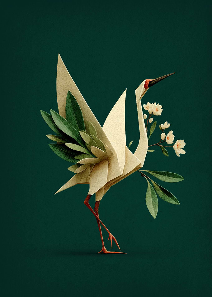 Origami Crane with Blossoms