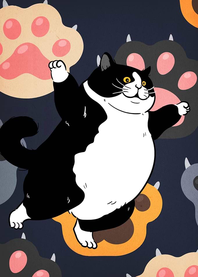 Dancing Tuxedo Cat with Paw Prints