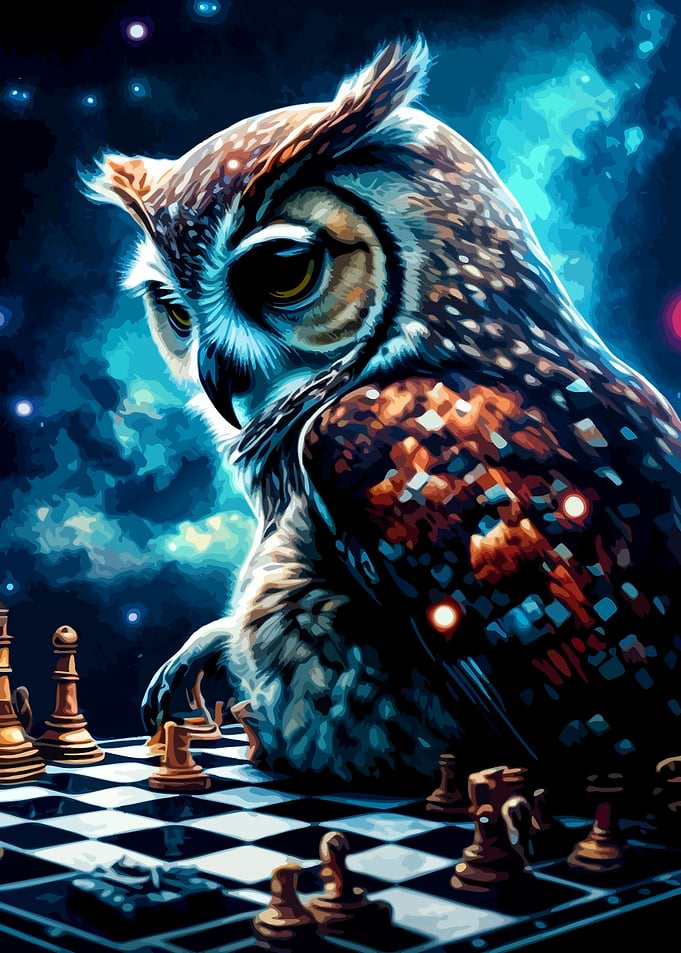Owl Playing Chess in Space