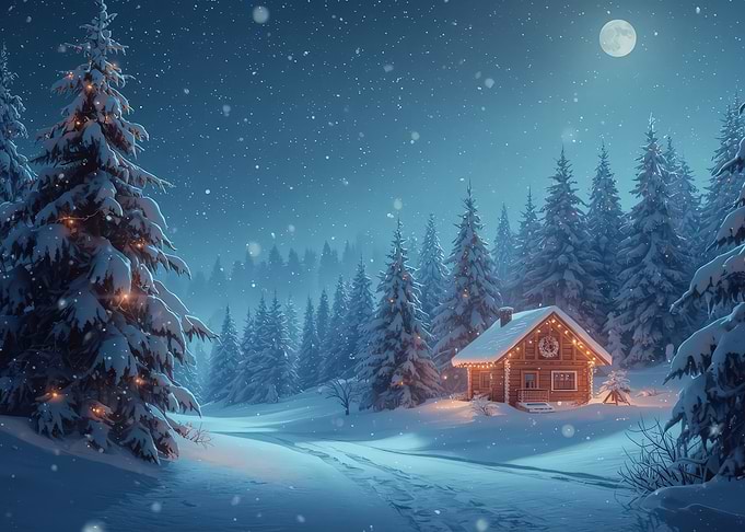 Winter Cabin in Snowy Forest