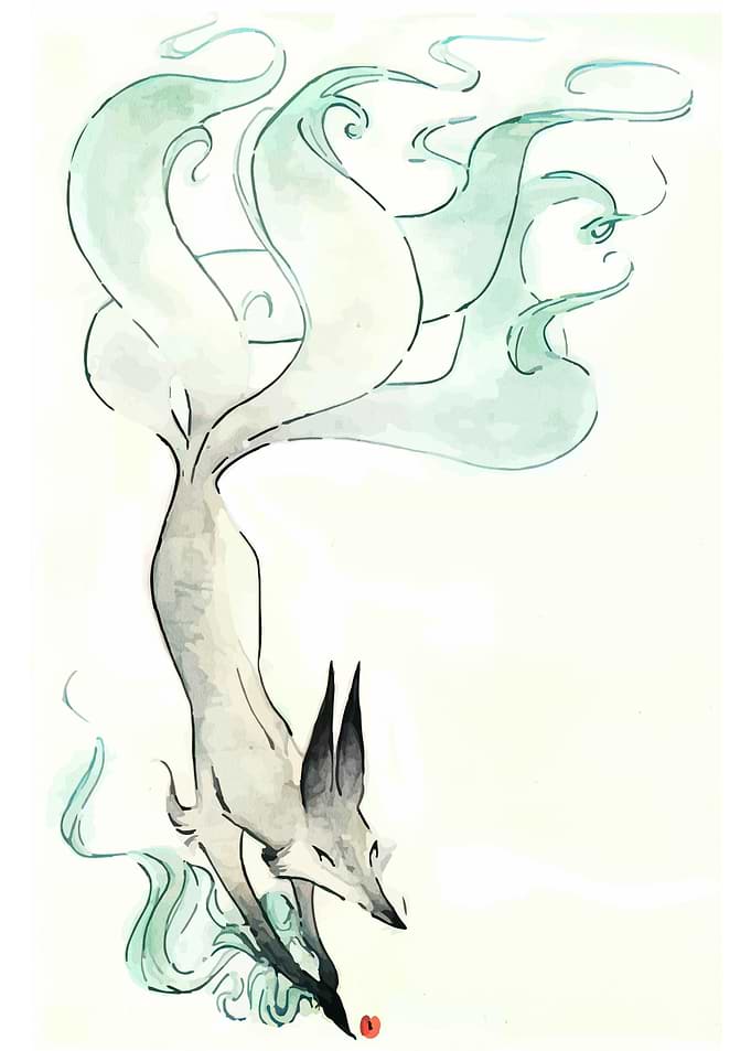 Nine-tailed Fox Watercolor Illustration