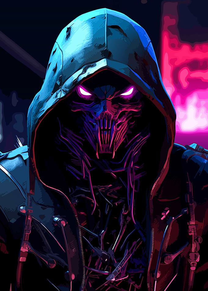 Cyberpunk Hooded Figure with Glowing Eyes