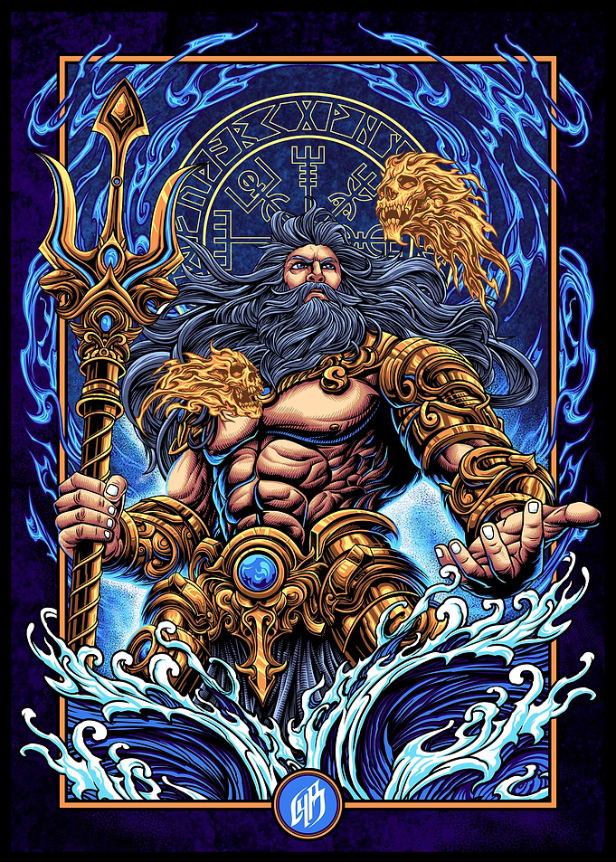 Poseidon Illustration with Trident and Waves