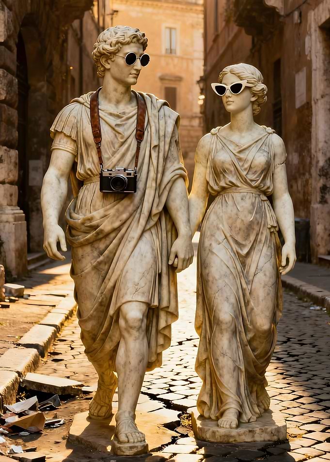 Roman Statues in Love – Tourist Couple Pop-Art Print with Sunglasses