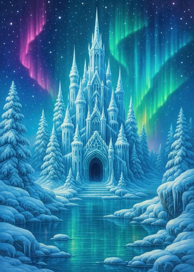 Ice Castle Under Aurora Borealis