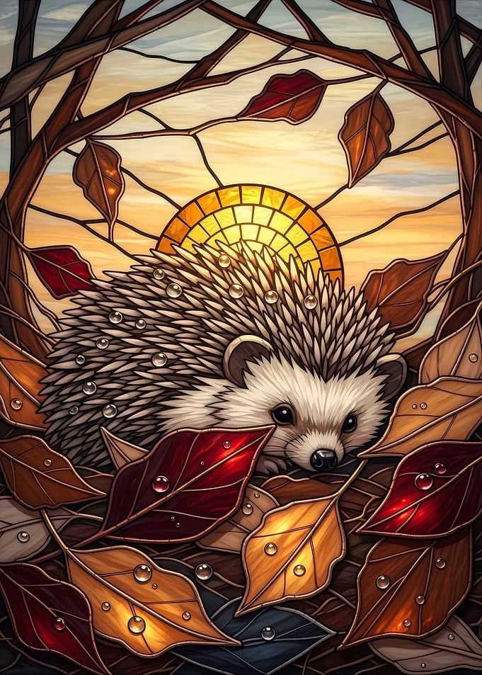 Hedgehog in Autumn Leaves Stained Glass