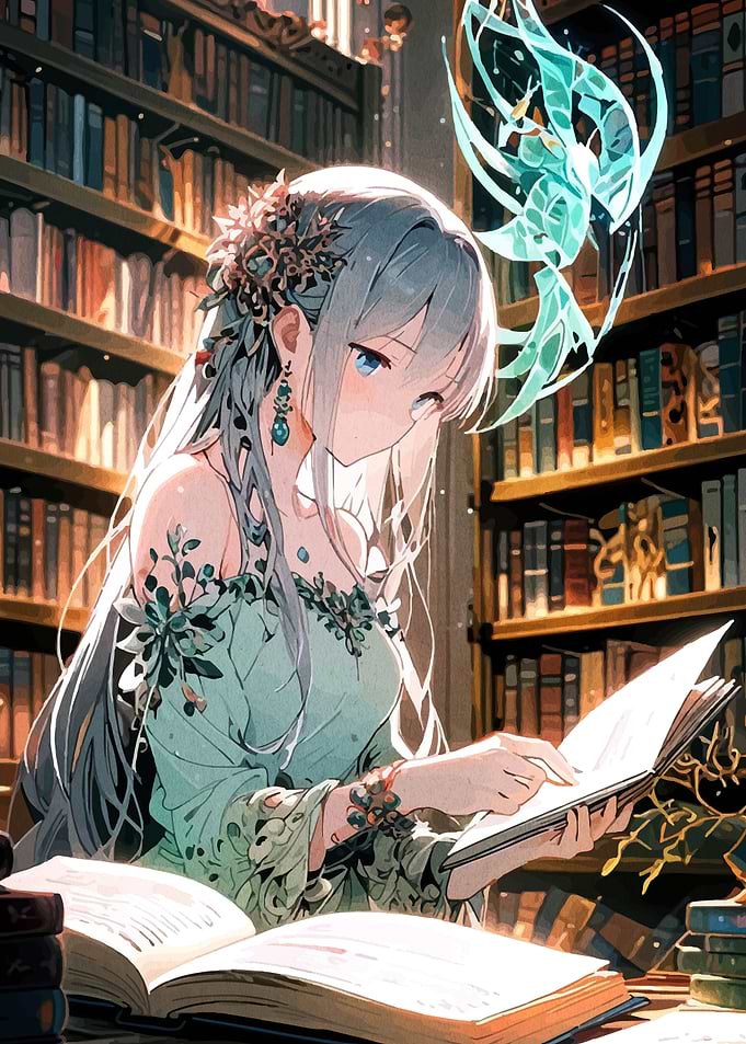 Anime Girl Reading in Library