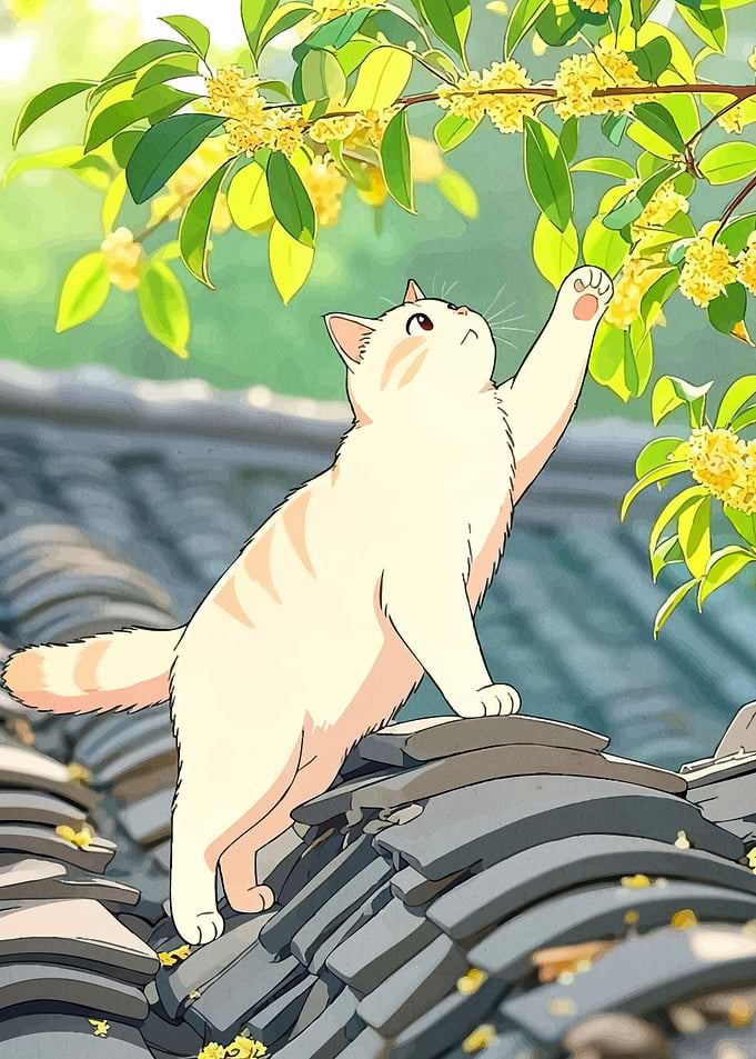 Cat Reaching Flowers Roof