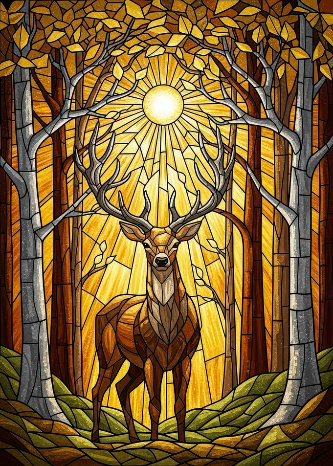 Stained Glass Deer in Forest