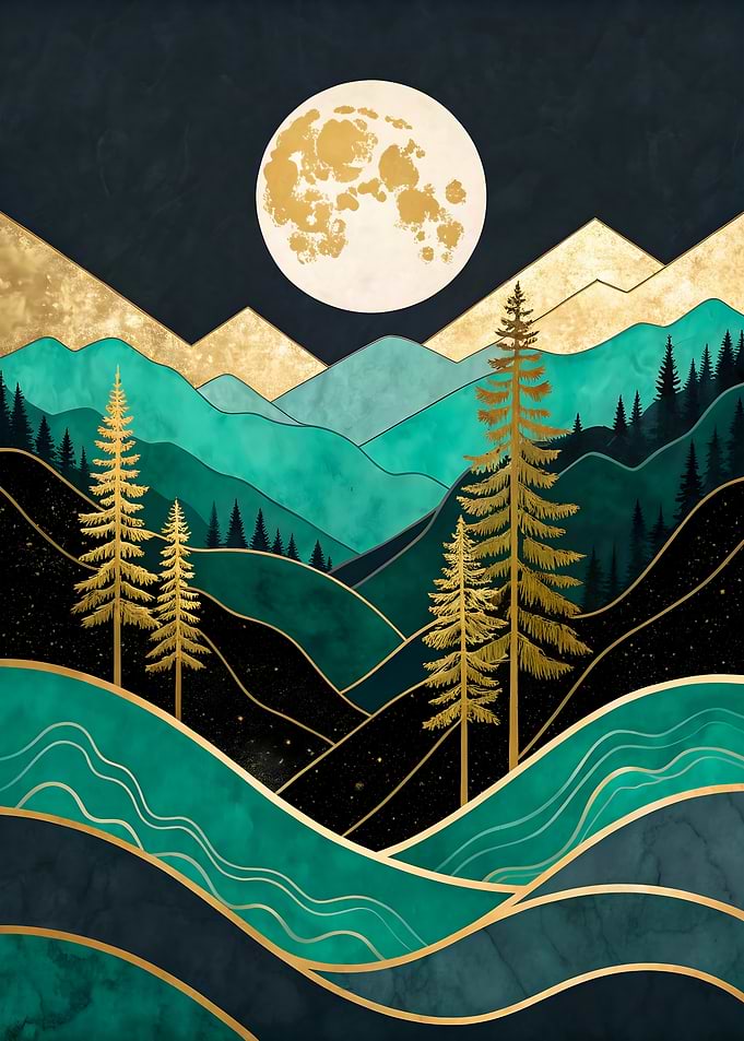 Emerald Moonlight Mountain Art Print Golden Forest