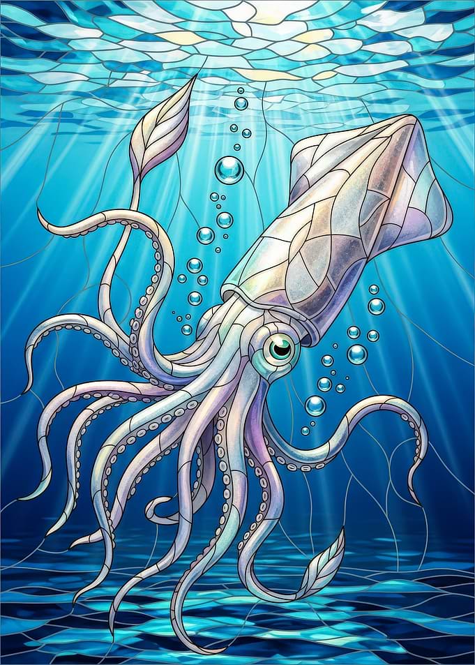Stained Glass Squid Underwater